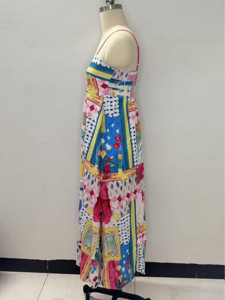 In Stock 2026: Graffiti Print Wide Hem Spaghetti Strap Dress for Women - Casual European & American Style
