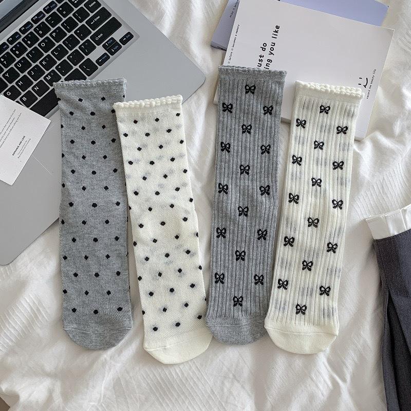 Ballet-style Bow Pile Socks, Women's Mid-calf Socks, Summer Thin Mesh Perforated Polka Dot Socks