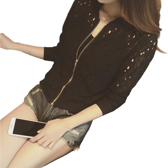 Women Coat Hollow Out Lace Stand Collar Zipper Closure Solid Color Elastic Cuff And