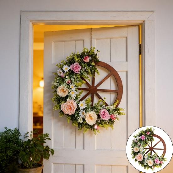 Konstgjord Blomster Vagnshjul Krans Vår Blommig Trähjul Krans Utomhus Välkomstskylt för Alla Hjärtans Dag Ytterdörr Vägg Hem Veranda Dekor