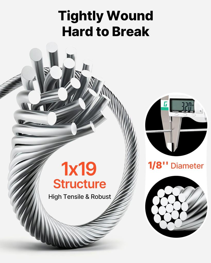 3.2 mm Wire Rope, 304.8 m Length, 316 Stainless Steel Wire Cable with Cutter, 798 kg Breaking Strength, 1 x 19 Strands Construction, Steel Cable for