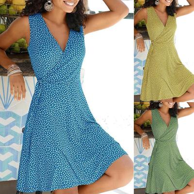 Polka Dot Print Kleid Frauen Ärmelloses Bandage Strandkleid Sommer Böhmische Kleider für Frauen V-Ausschnitt Freizeitkleider Damen Robe