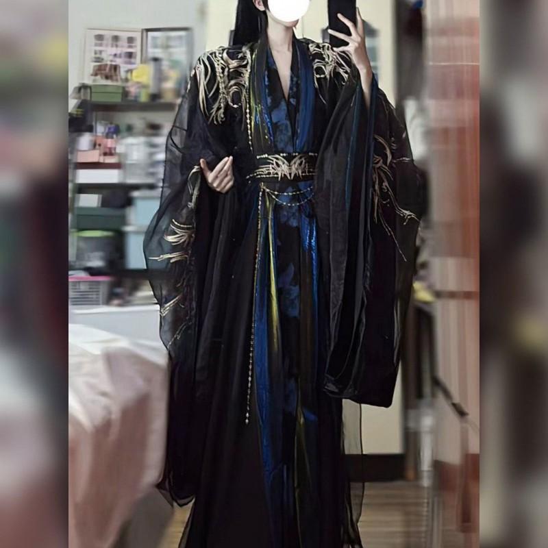 Hanfu Wei Jin Style Unisex Wide Sleeve Costume Set With Embroidery Red Blue Options