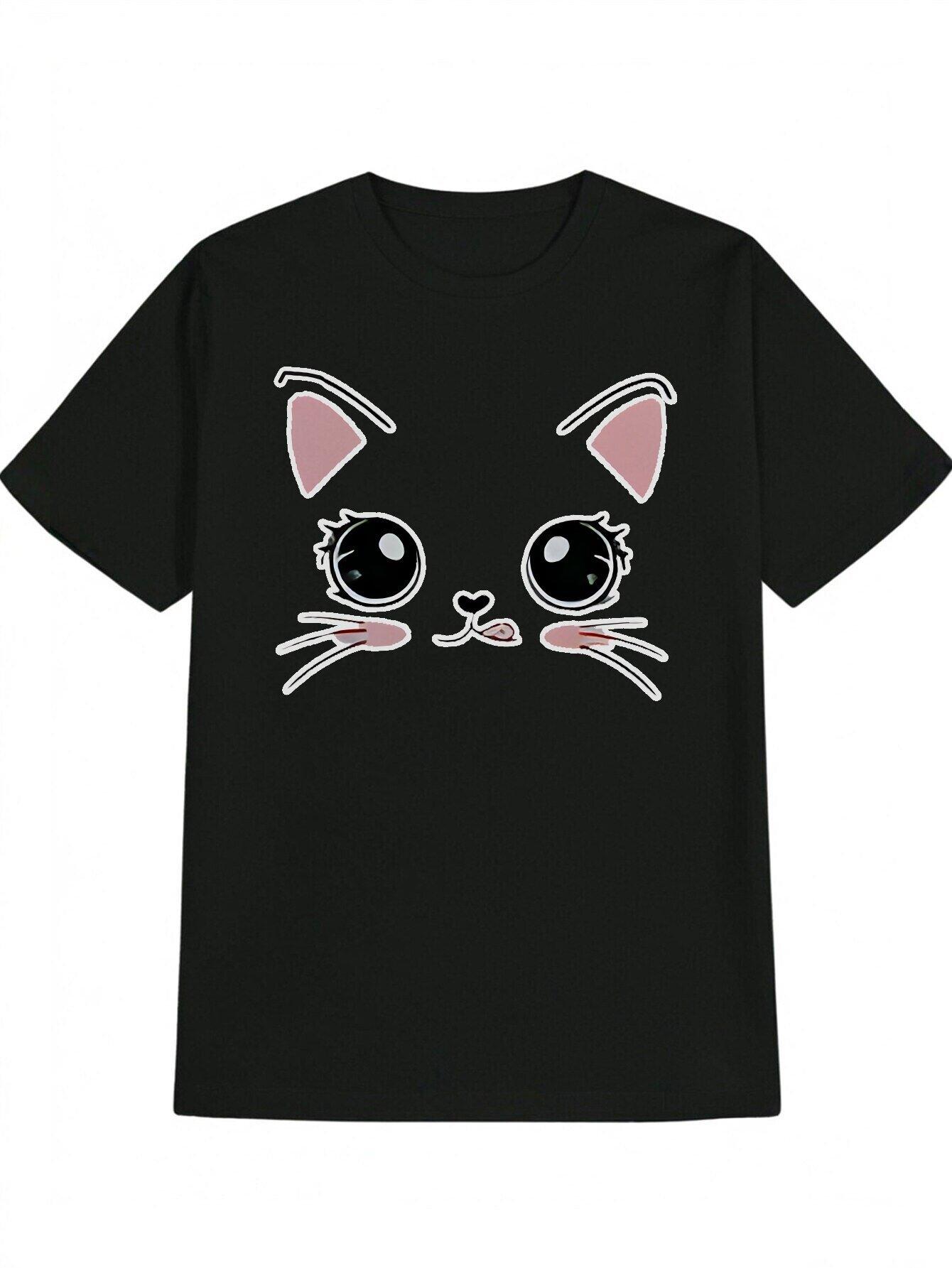 Casual Crew Neck T-shirt with Cute Cat Face Graphic Print - Soft Polyester S