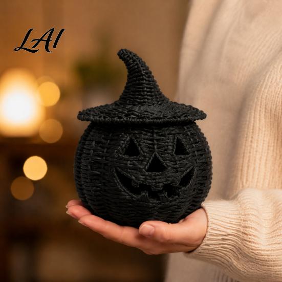 Uniek Seizoensgebonden Cadeau Halloween Hars Pompoenmand Nep Geweven Lantaarn Ornament Spookachtig Gotisch Huisdecor Zwarte Snoeppot voor Tafelblad Schouw