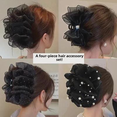 Fermaglio per capelli a fiocco di piume nero oversize di fascia alta