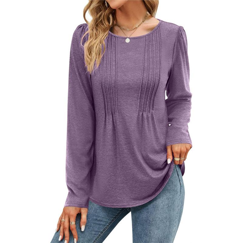 Spring and Autumn Striped Solid Color Round Neck Long Sleeve Casual T-shirt Fashion Women's Top