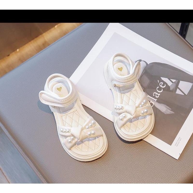 New Summer Girls' Sandals - Fashionable Pearl Princess Shoes with Non-Slip Hook & Loop Closure for Beach Wear