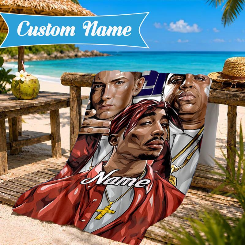 Custom Name Hip Hop Heart In Space Adventure Microfiber Beach Towel, Lightweight for Summer Travel, Swimming Pool Fan Gift