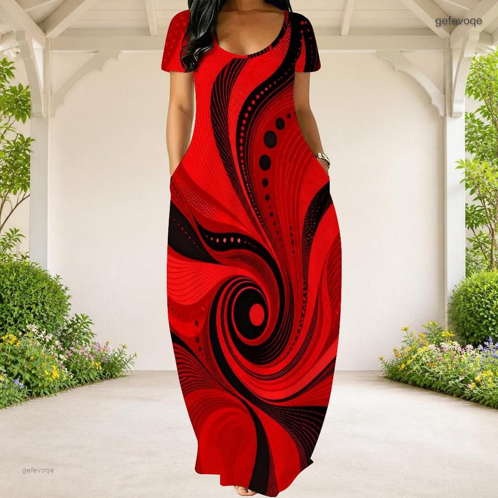Women Plus Size Round Neck Short Sleeve Abstract Printed Loose Maxi Dress With Side Pockets