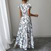 Spring and Summer New Printed Lotus Leaf Edge V-neck Sexy Slim and Thin Long Dress Dress