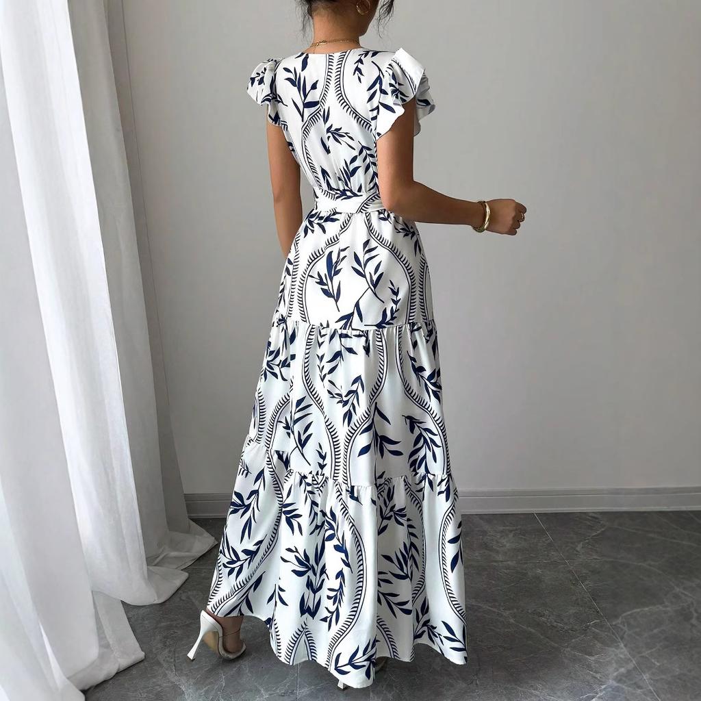 Spring and Summer New Printed Lotus Leaf Edge V-neck Sexy Slim and Thin Long Dress Dress