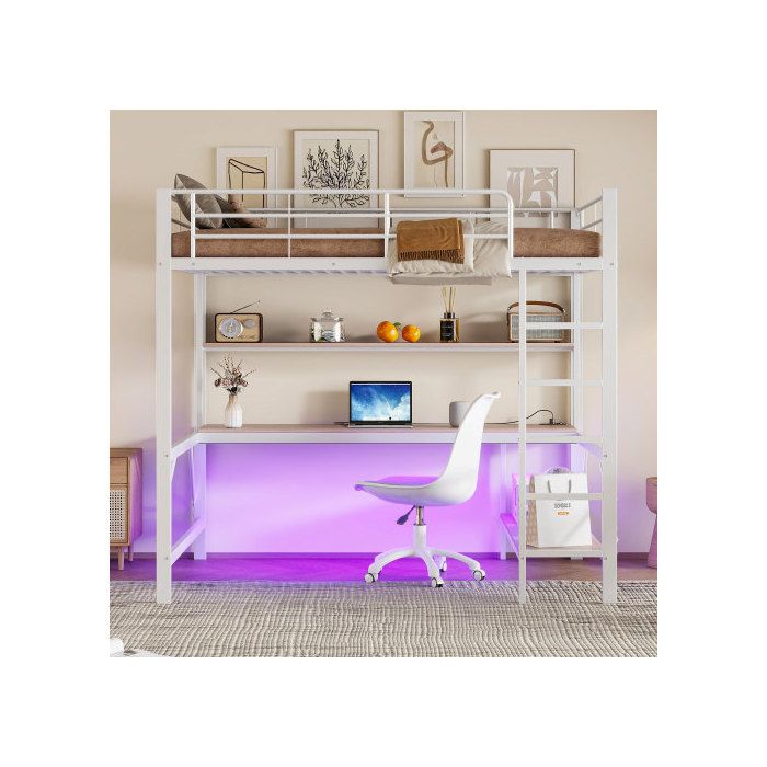 Lit Mezzanine - MUVOE - 140x200 Cm - Blanc - Prises USB Et Électrique - Éclairage 7 Couleurs