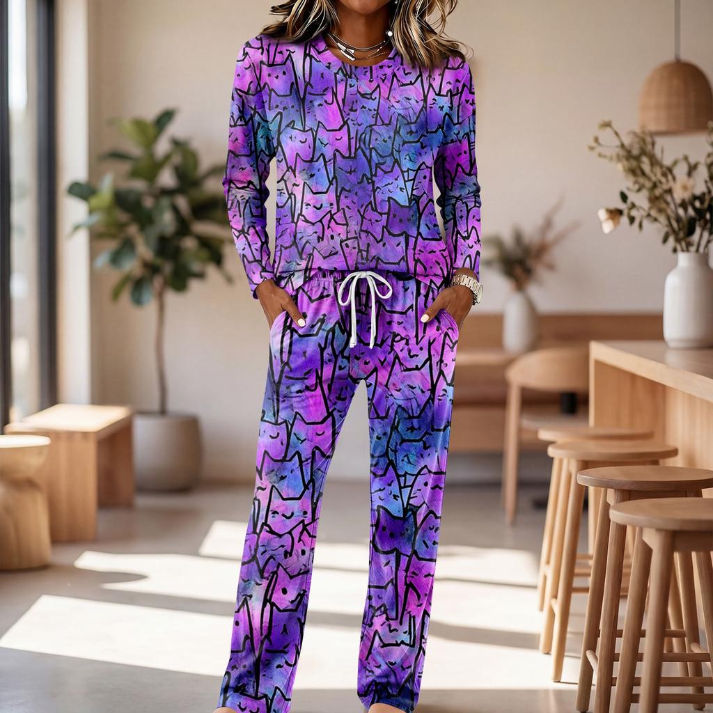 Women's Casual Pajama Set with Round Neck Long Sleeve and Drawstring Wide Leg Pants