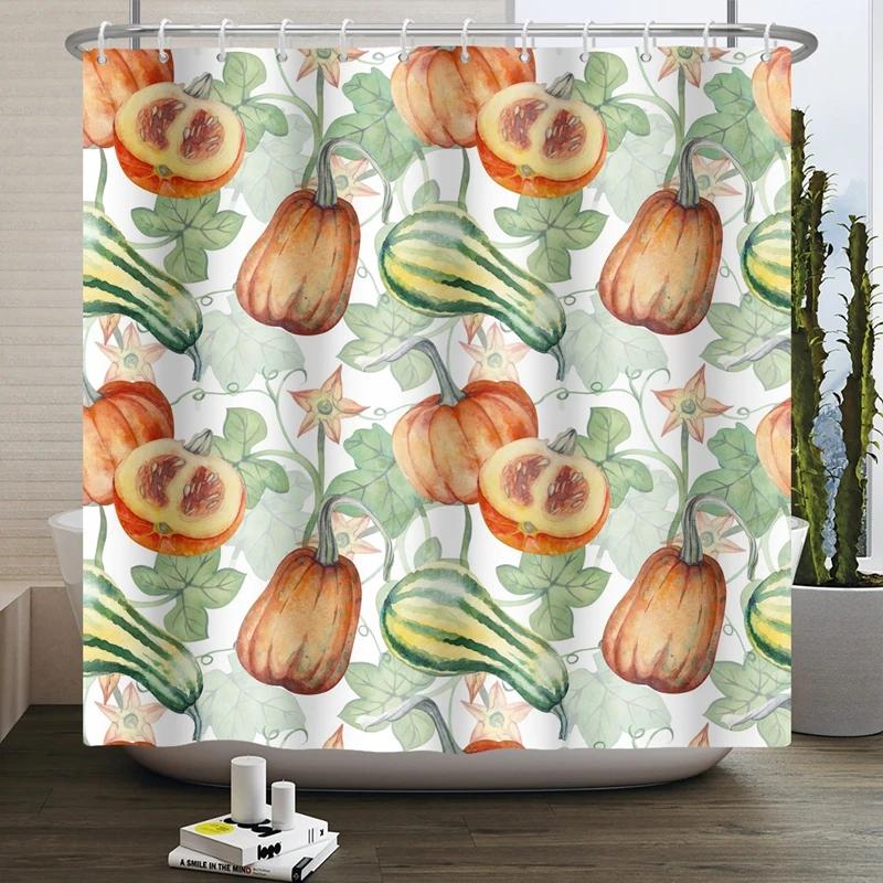 Hello Fall Shower Curtain Autumn Maple Leaves Pumpkin Bathroom Decor Polyester Fabric Cloth Shower Curtain With Hooks Room Decor