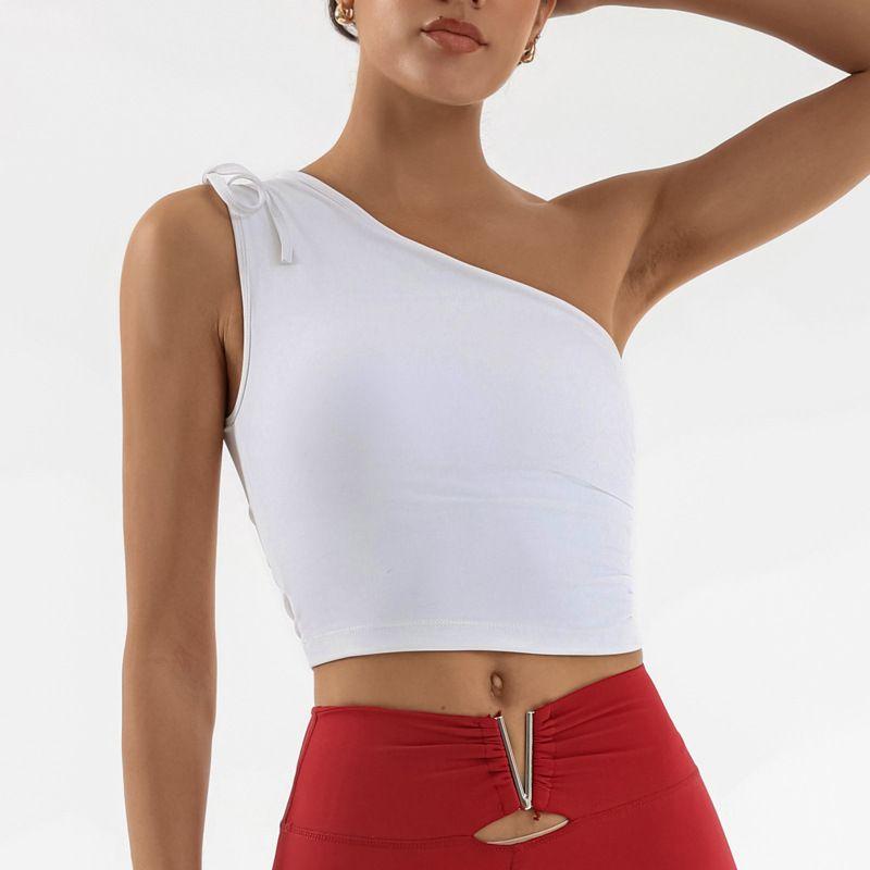 

Foreign Trade New Yoga Vest Women Single Shoulder Pleated Containing Chest Pad High Elastic Quick-Drying Sports Fitness Training Top Cross-Border White L