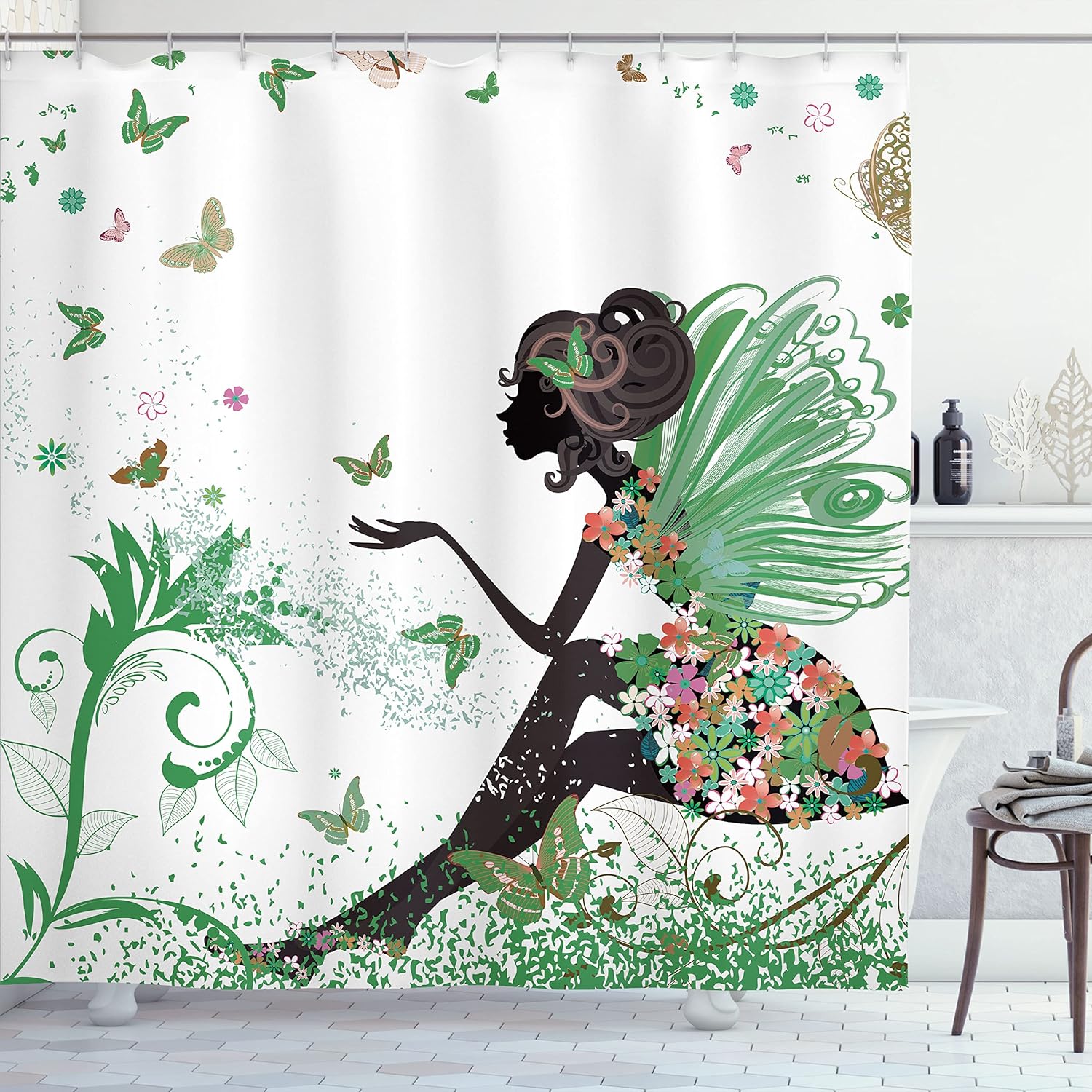 Floral Fairy Butterfly Shower Curtain 72x72 Inches Nature Inspired Bathroom Decor With Green Wings And Flowers 90x180cm35x71in