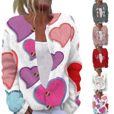 Women's Fashion Printed Valentine's Day Long Sleeved Knitted Cardigan Button Down Jacket