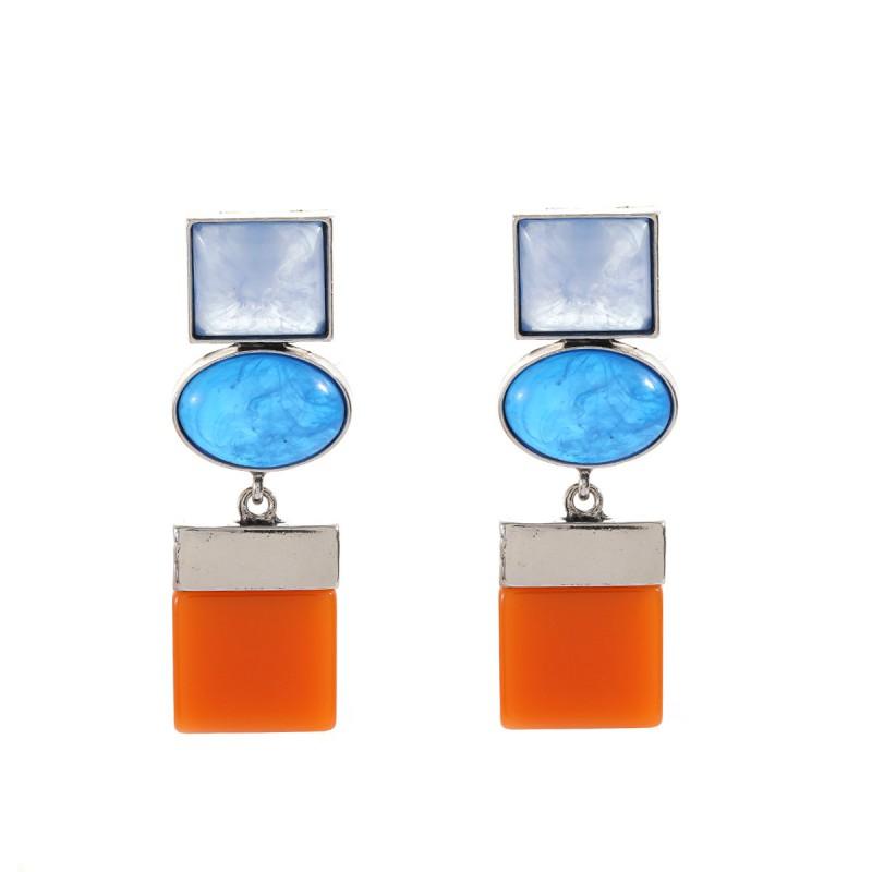 Bold Geometric Earrings Women Zinc Alloy Statement With Color Block Design In Green Blue Red