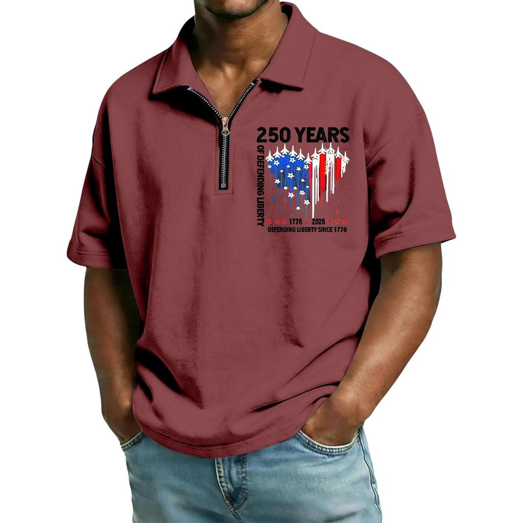 Men’s Short Sleeve Zipper Polo Shirt 250 Years Printed Lapel Collar Top Casual Lightweight Comfortable Fit Tee