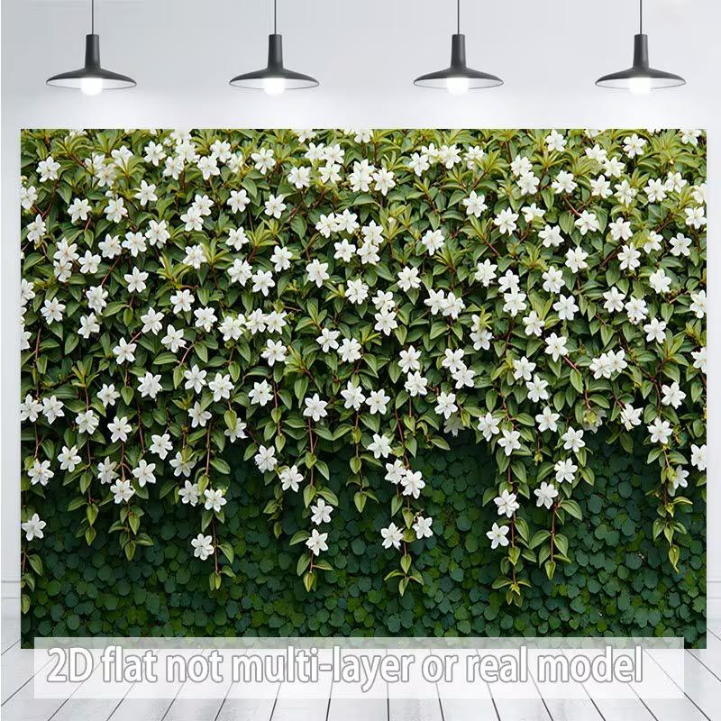 

2D Flat Flower Backdrop White Jasmine & Green Leaves Photo Background 47.2x31.5inch/120*80cm