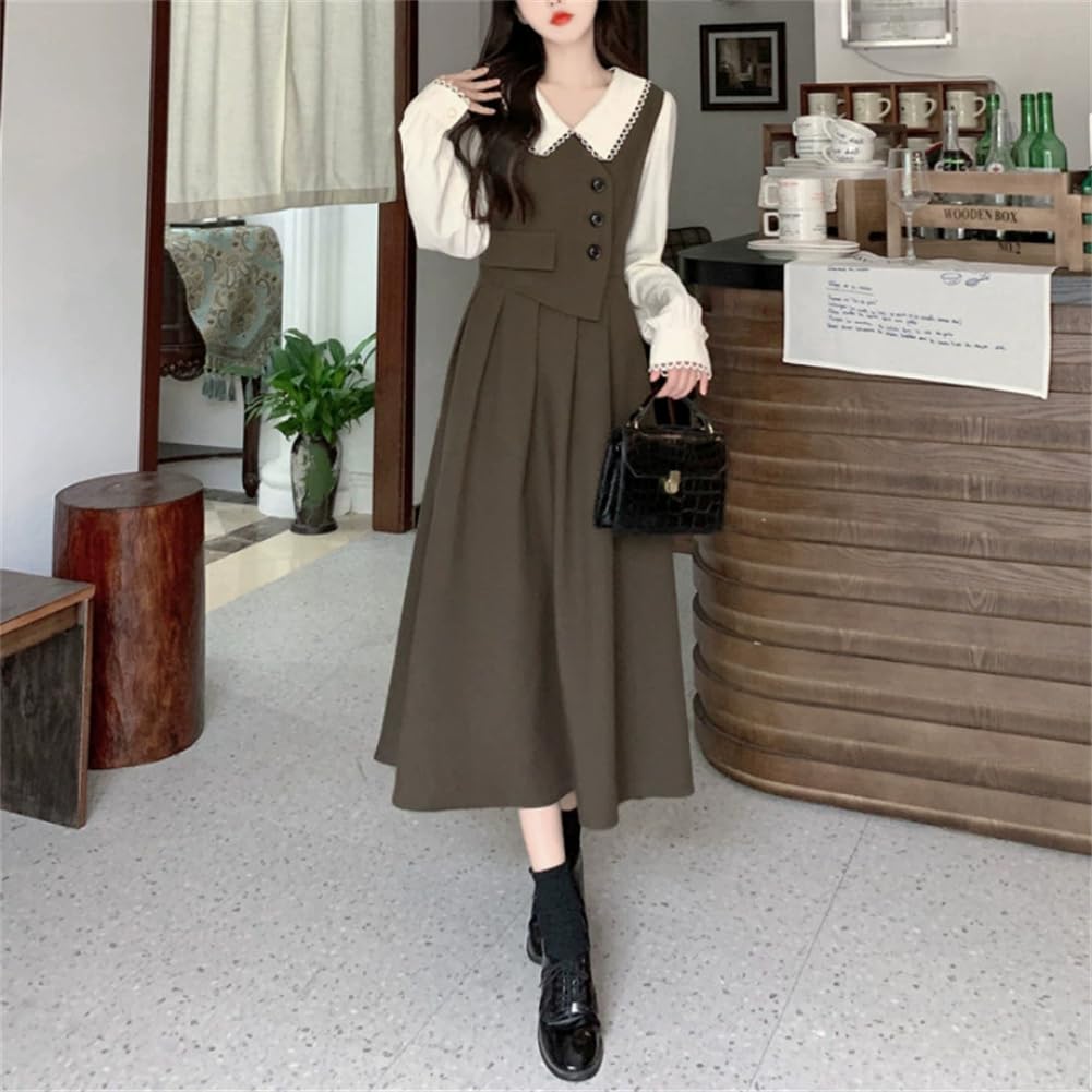 Long Dress for Shirt Layered Long Midi Dress Commuting Photo [Yhsuoxfd] Women, Dress, Look, Sleeves, Length, A-Line, Elegant, Figure-Flattering,