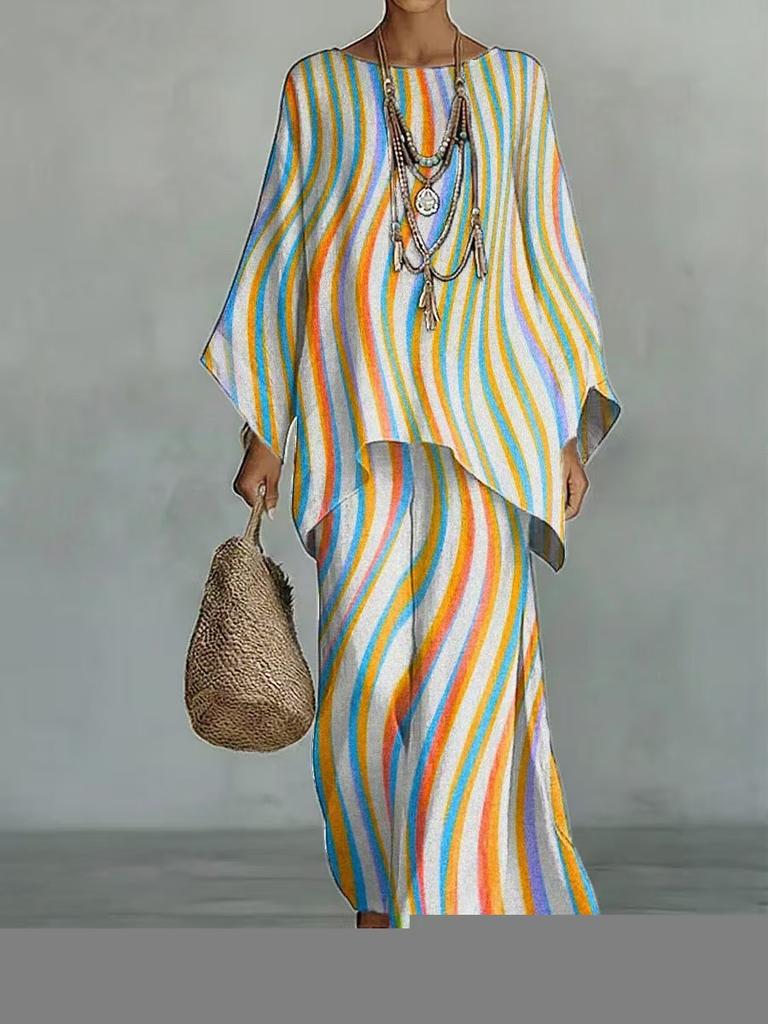 New round neck bat sleeve printed loose set bohemian lazy casual two-piece set