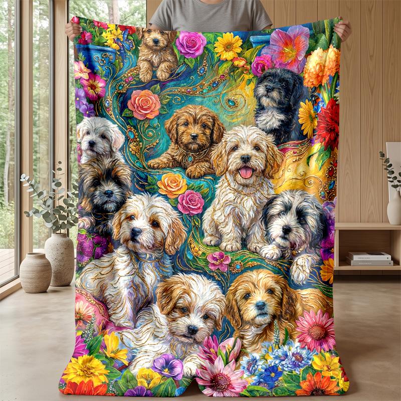 Floral Puppies Garden 3 Theme blanket Lightweight Warm Flannel Blanket Decorative Throw Blanket for Home Decoration