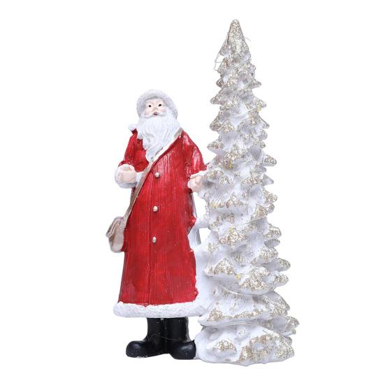 LED Light Up Christmas Tree with Santa Resin Standing Santa Claus Figure with Lighted Tree Figurine for Indoor Tabletop Holiday Decoration