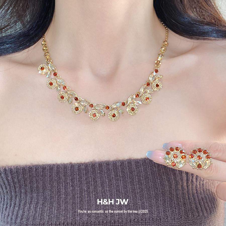 Super flash diamond-set round flower water drop necklace earrings set light luxury high-end collarbone chain temperament jewelry
