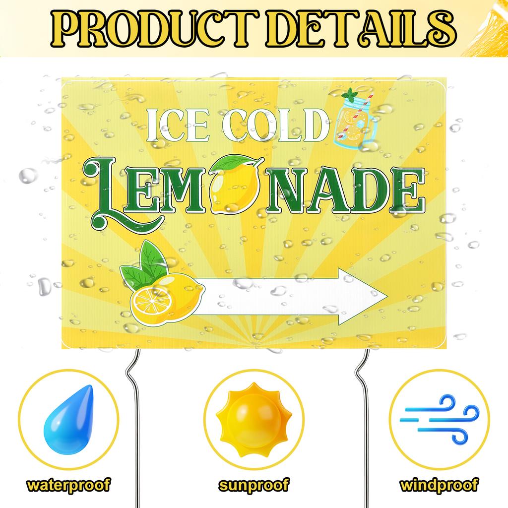 Confezione da 3 Cartelli per Chiosco di Limonata 17''X 12'' Cartello Estivo per Giardino con Picchetto in Plastica Ondulata Bicolore Segni Limon-Ada Lemo-