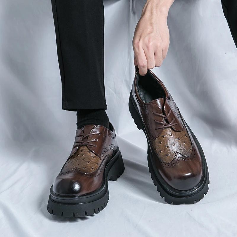 Buty Męskie Ślubne Na Grubej Podeszwie Sznurowane Oksfordy Męskie Stylowe Męskie Buty Fryzjerskie Luksusowa Marka Skórzane Modne Obuwie Męskie