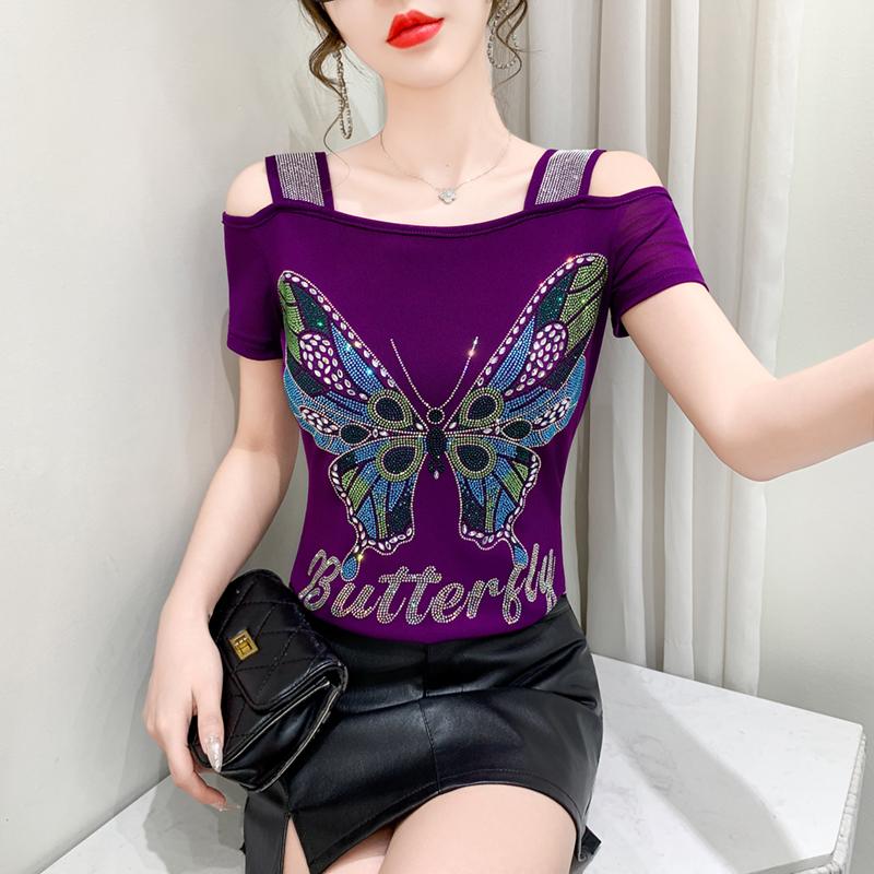 TrendHub Sexy Off Shoulder T Shirt for Women Luxury Flower Diamonds Short Sleeve Tee Summer Fashion Womens Mesh Tee Shirts Top