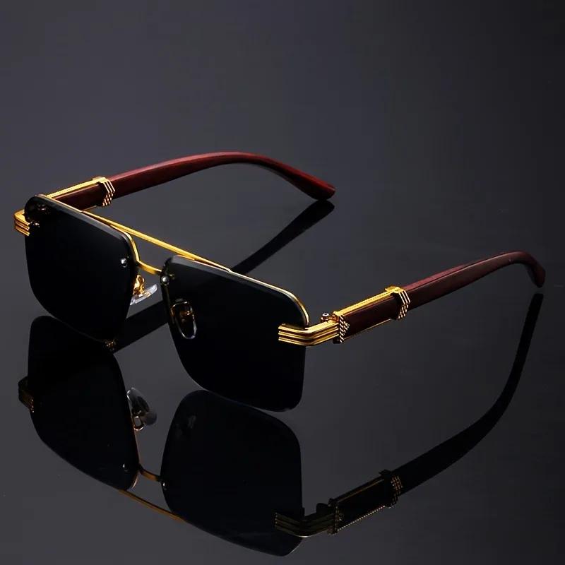 Women's Frameless Double Beam Fashion Sunglasses Golden Border Wood Grain Bracket for Male and Female Drivers Black Eyeglasses