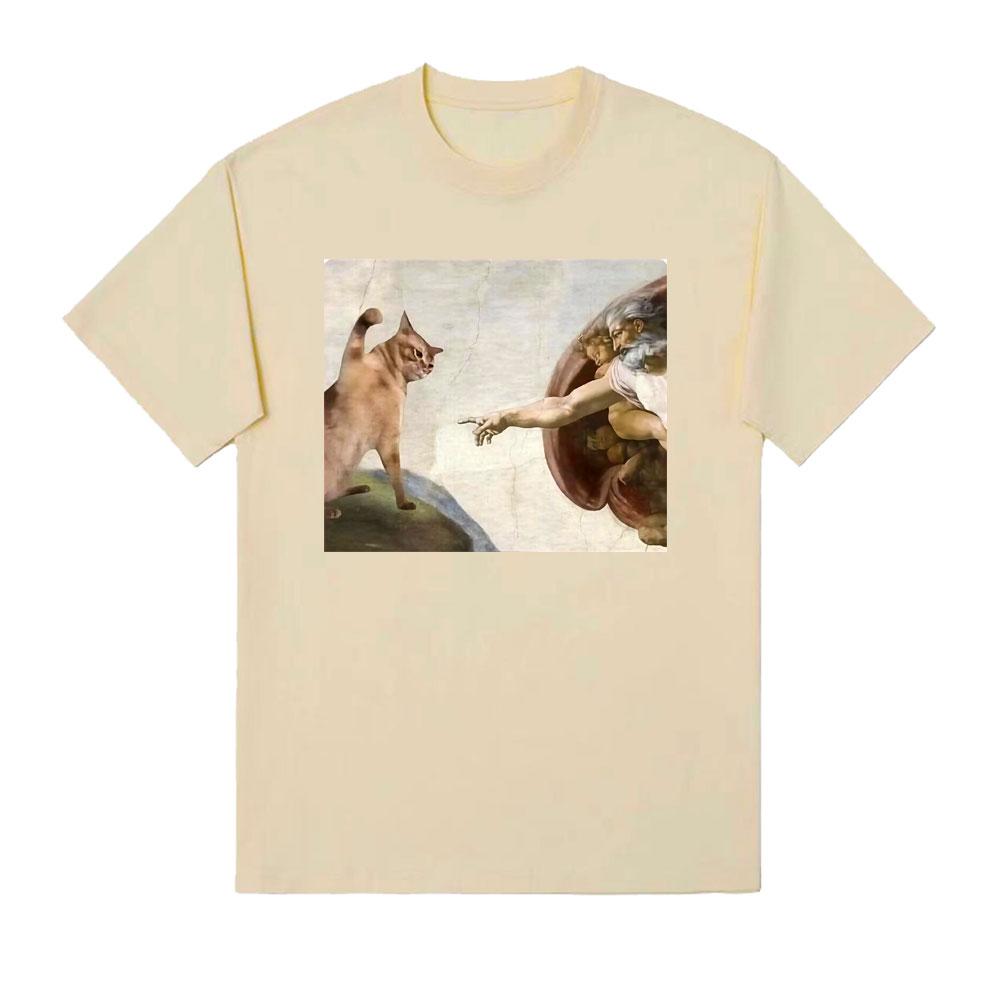 T-shirt Unisex Uomo Donna Moda Vintage Cotone Manica Corta Classica con Meme Gatto Divertente Pittura Creazione di Michelangelo Rinascimento