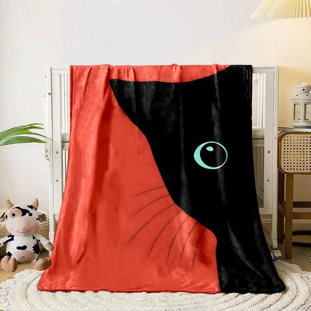 Black cat silhouette with teal eye and whiskers on a red background. for all seasons blanket lunch break throw gift 80cm x 120cm