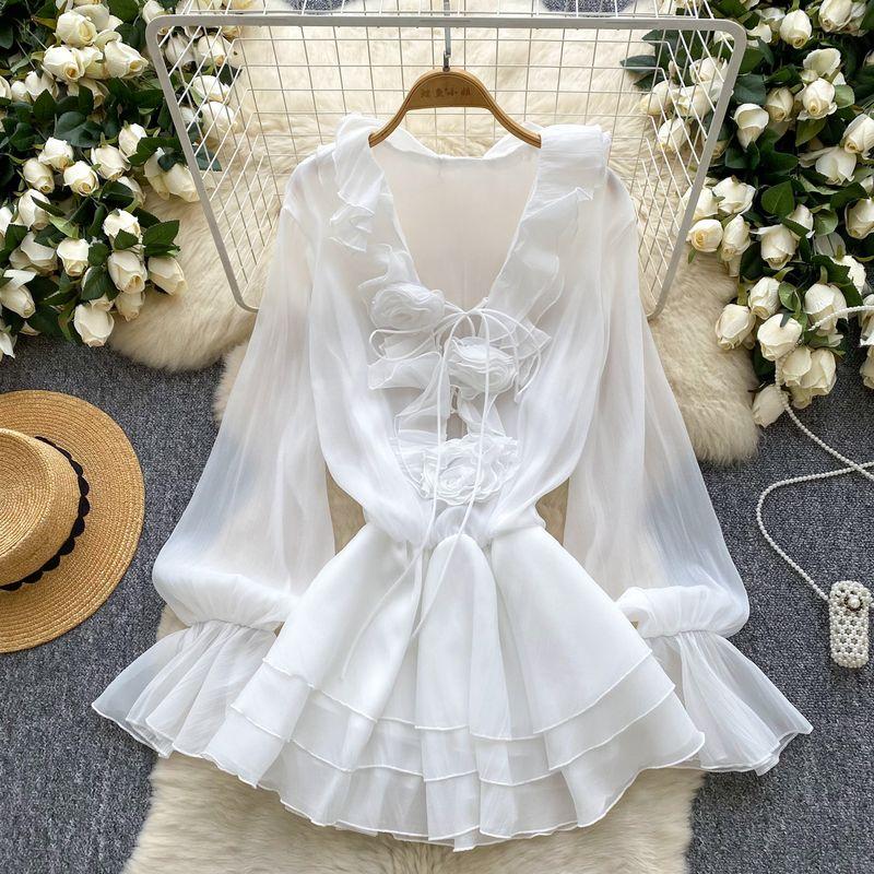 

Fairy Skirts 2025 New Atmosphere V-neck Three-Dimensional Flower Lace-up Waist Hugging Frill Chiffon Dress Women White One size