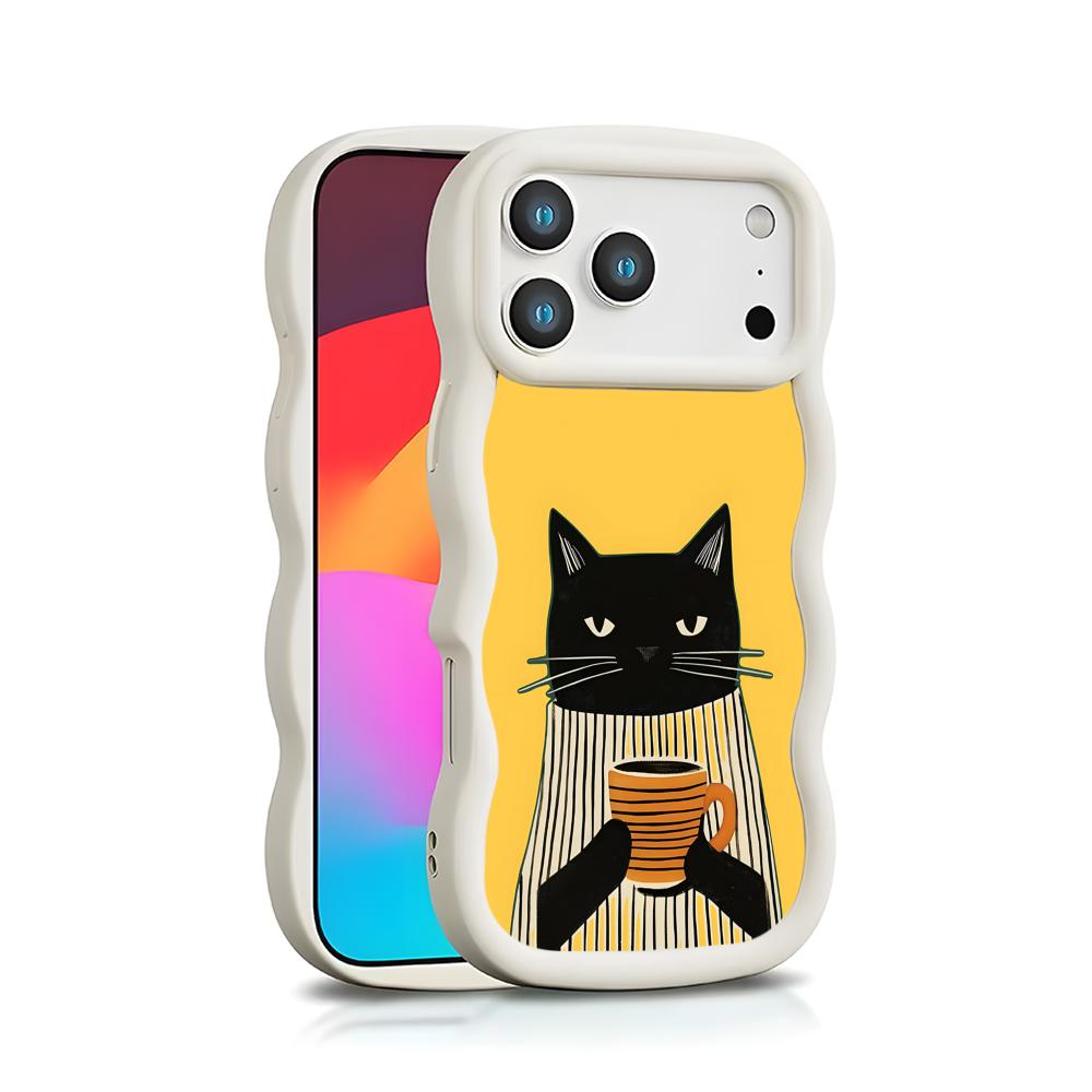 Cute Coffee Cat Wavy Edge TPU Mobile Phone Case for iPhone 17 16 15 14 13 12 11 Air Pro Max Plus Colorful Cover