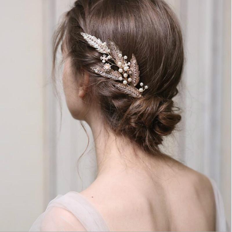 Perle Blad Elegant Mote Brude Hårkam Bryllupsfest Gyldne Tilbehør Hodeplagg Håndlaget Hårkam