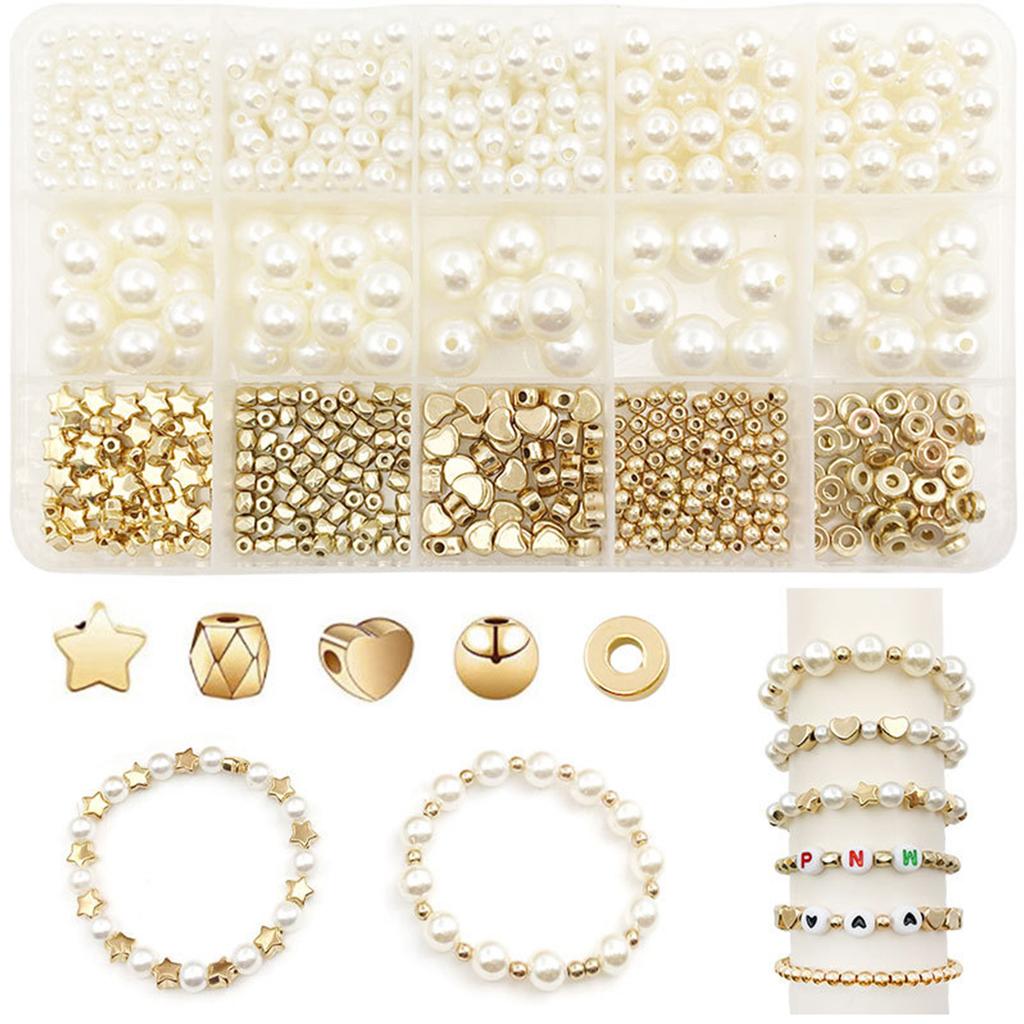 720Pcs Spacer Beads Set Assorted DIY Pearls Bracelet Earing Necklace Making Kit with Pearls Round/Star/Faceted/Flat/Heart Beads