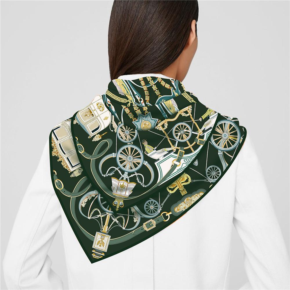 90CM Silk Scarf Women Horse Carriage Print Square Scarves Head Echarpes Silk Foulards Femme Wraps Beach Shawl Bandana Lady Hijab