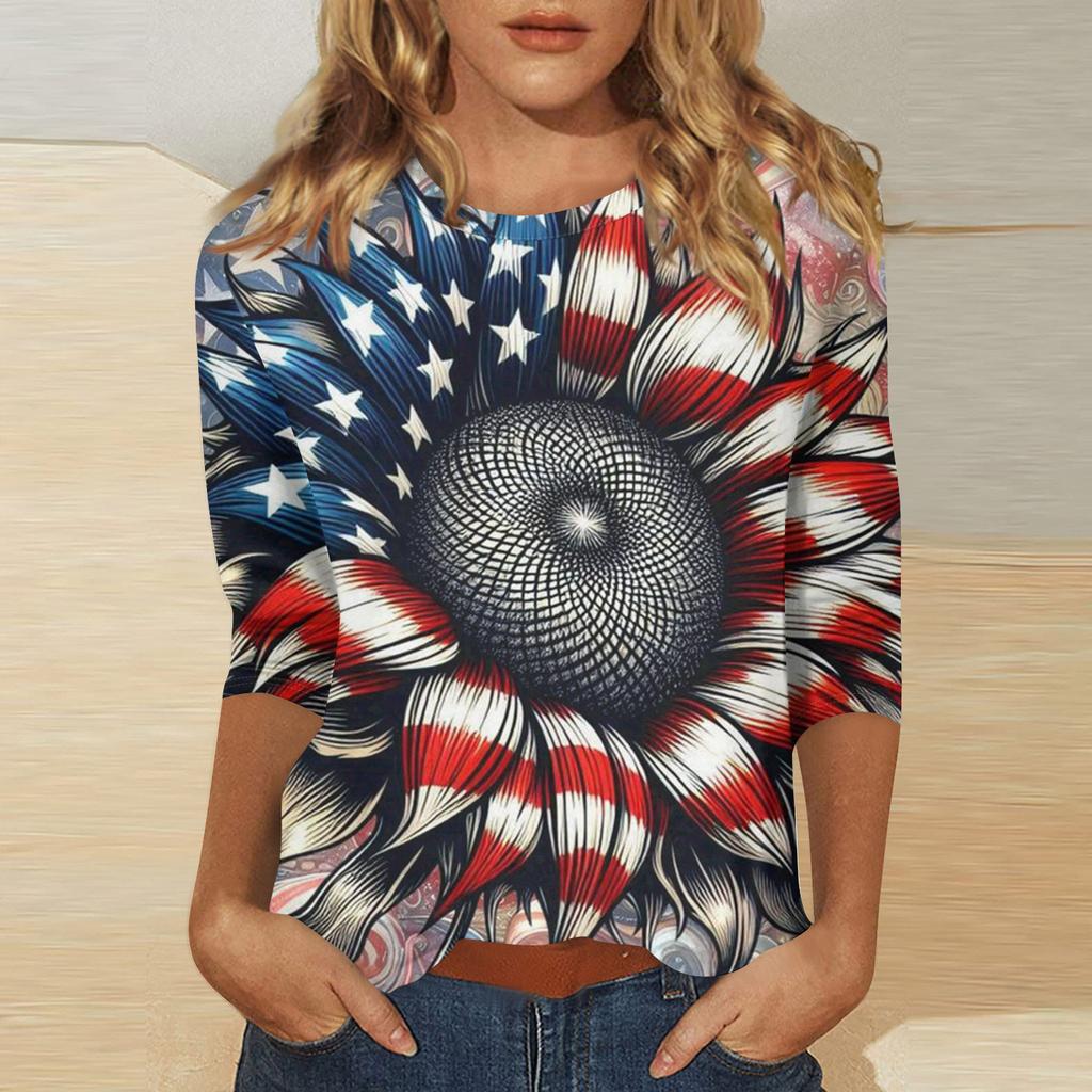 Women's Independence Day Print Round Neck Seven-Eighths Sleeve Top