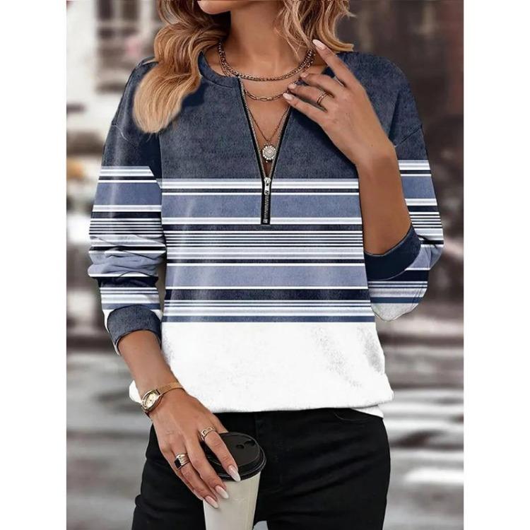 Color Block Printed V Neck T Shirts for Women Loose Casual Tops Long Sleeved High Street Autumn Geometry Zipper Clothes