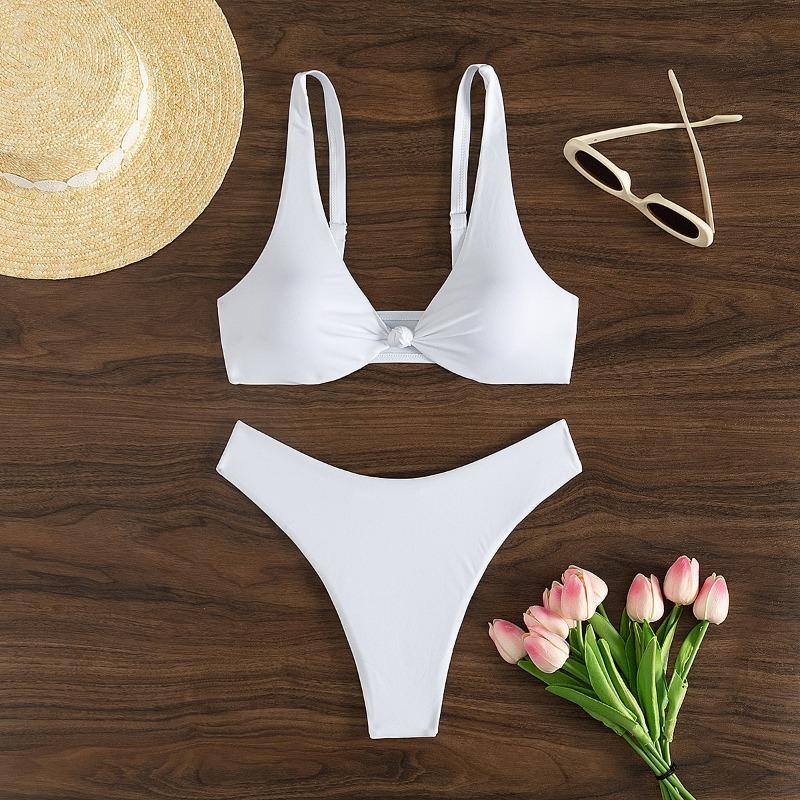 Damen Unifarbenes Knallpinkes Zweiteiliges Bikini-Set - Verdrehter Front-V-Ausschnitt Hohe Taille Badeanzug