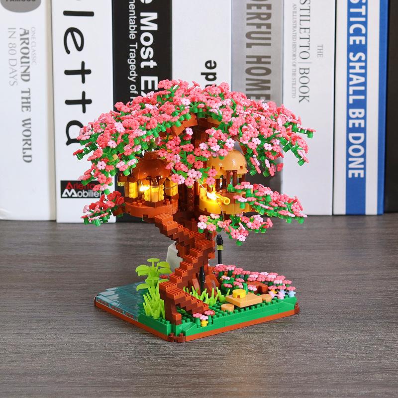 2008pcs DIY Discoloration Cherry Blossom Flower Pink Tree House Train Assembly Building Blocks Classic Model Bricks Sets Kid