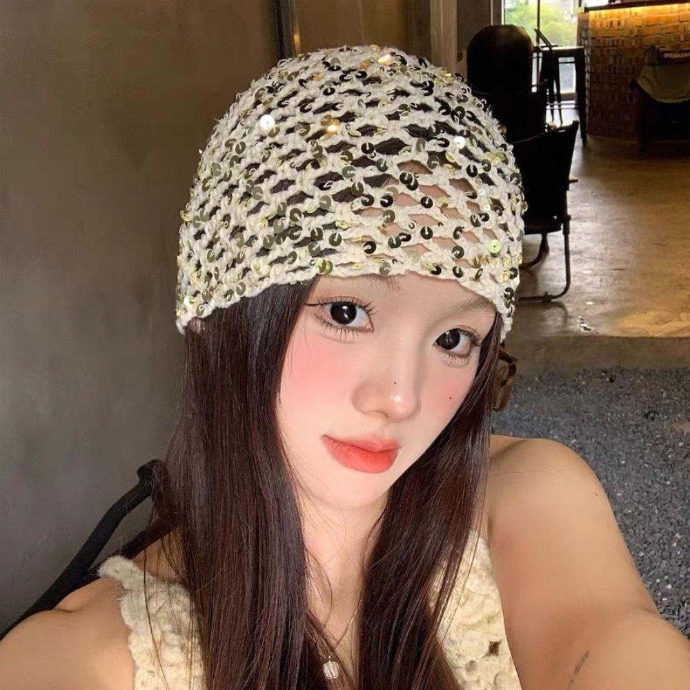 Retro Hollow Sequined Beanies Cap Korean Ear Protection Hat Fashion Knitted Hat For Women