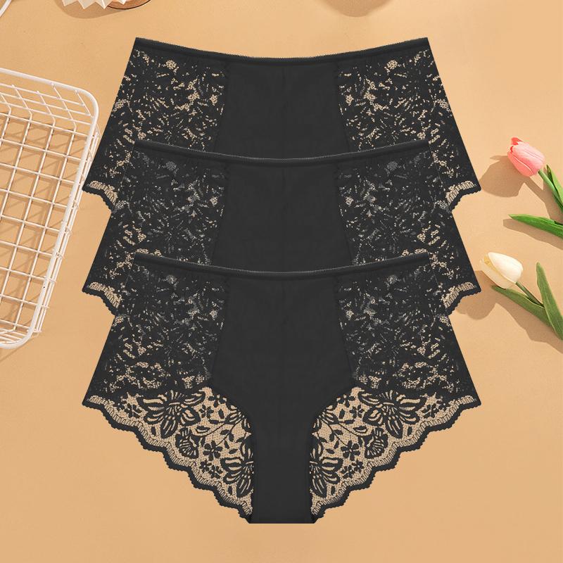 3Pcs Women's Lace Panties Sexy Hollow Out Boyshort Underwear Transparent Floral Underpants Girls Tempting Lingerie S-XXL