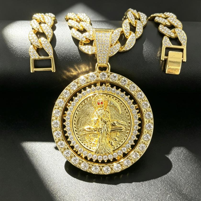 European and American New Alloy Full Diamond Personalized Rotating Sickle Death Pendant Hip-hop Necklace Men's Jewelry