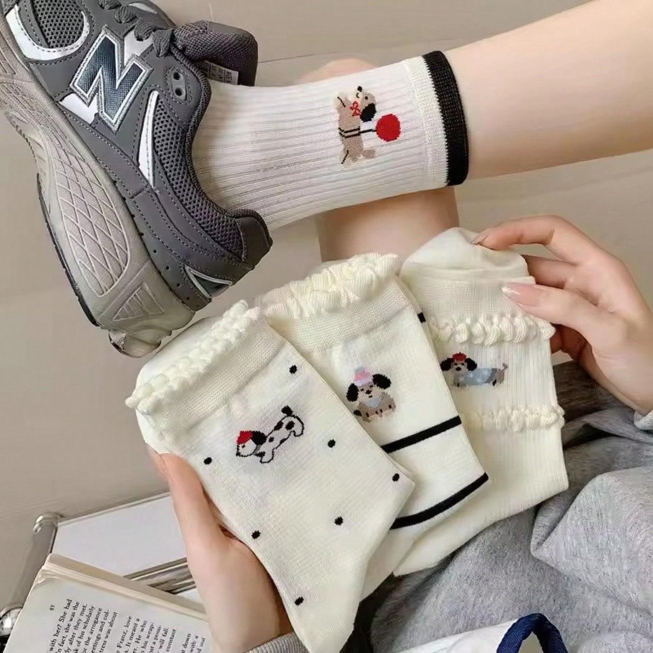 

Polka Dot White Socks Women Spring Summer Thin Breathable Striped Mid-Tube Socks Cartoon Dog Japanese Kawaii Cute Women s Socks One Size
