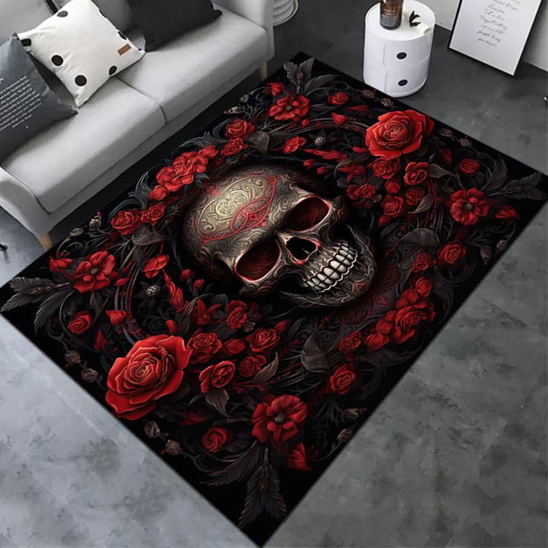 1PC Skull Dark Gothic Pattern Printed Carpet Rug for Living Room Bedroom Home Sofa Decoration,Non-slip Floor Mat Floor Mat